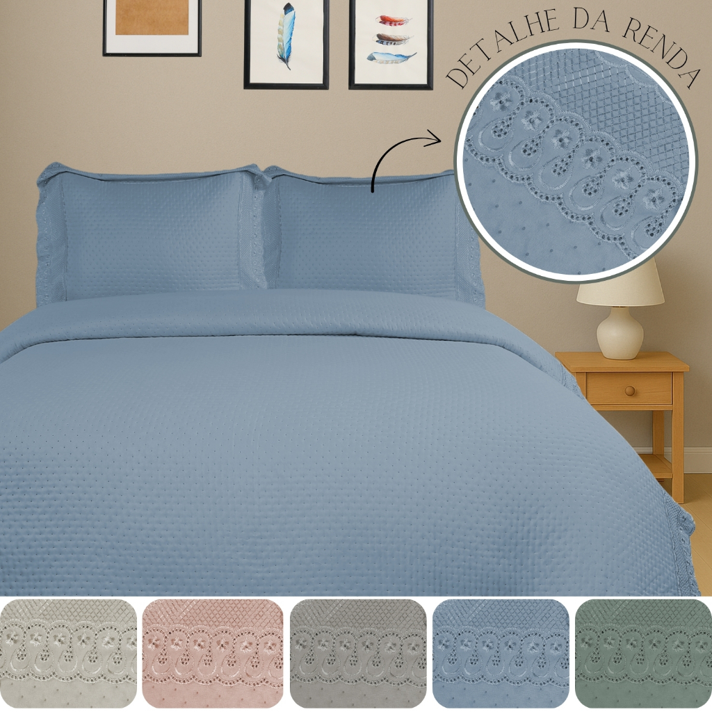 Kit Colcha Cobre Leito Casal Queen King 3 Peças Rendada Lisa Delicada Habitat em Oferta na Shopee
