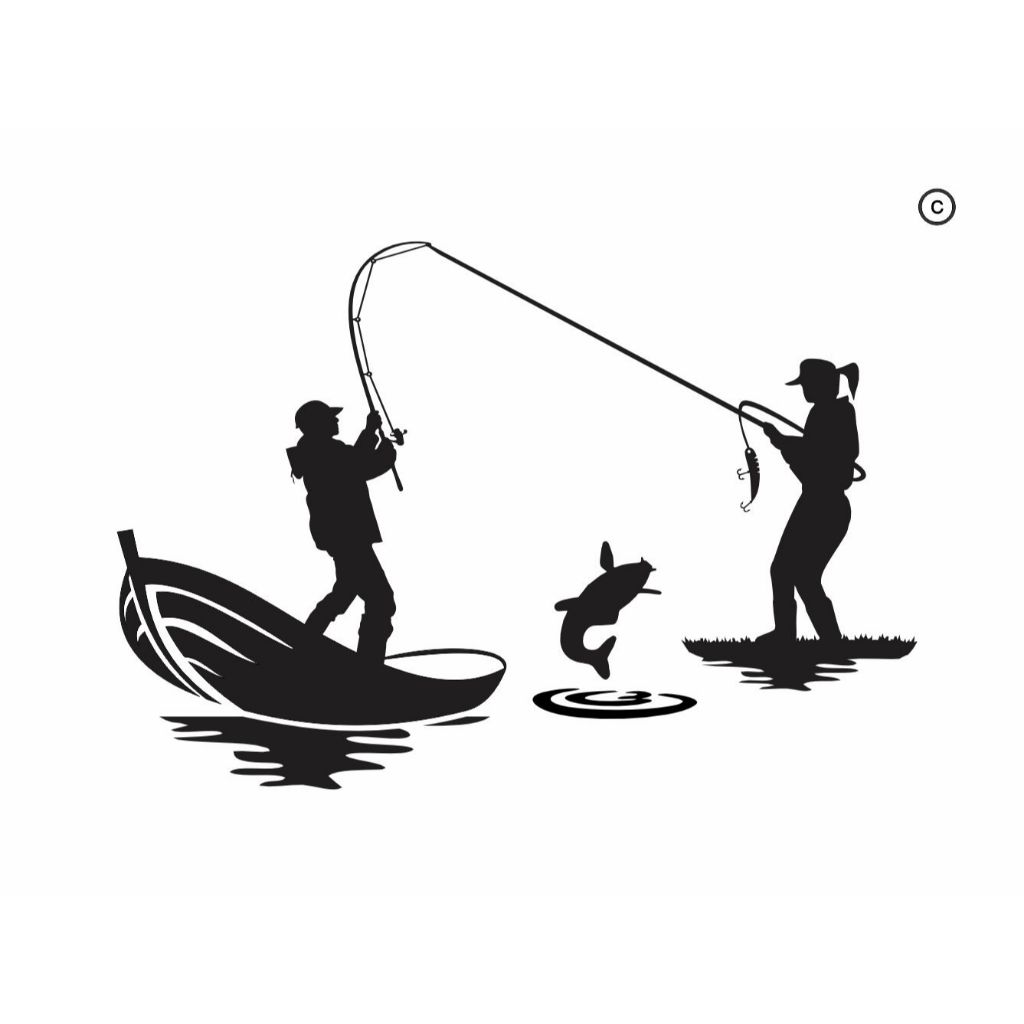 Adesivo personalizado pescador pescando mulher  peixe barco lago vara linha anzol carros pickup