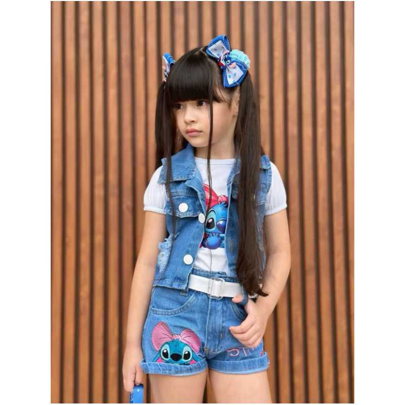 Conjunto Infantil Menina Bloguerinha Colete Jeans + Blusa + Short  Jeans * Cinto em Oferta na Shopee