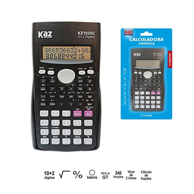 Calculadora Científica 10+2 Dígitos Preta KZ1035C 2 Linhas 56 Funções KZ1035C KAZ