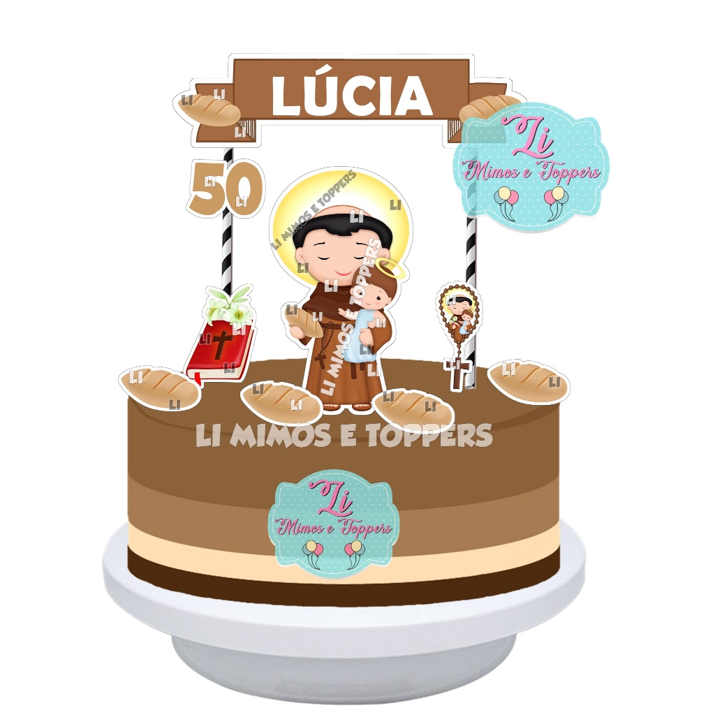 Topper Topo de Bolo Santo Antônio Personalizado -  Pão Pãozinho de Santo Antônio - Festa Junina - Santo Junino
