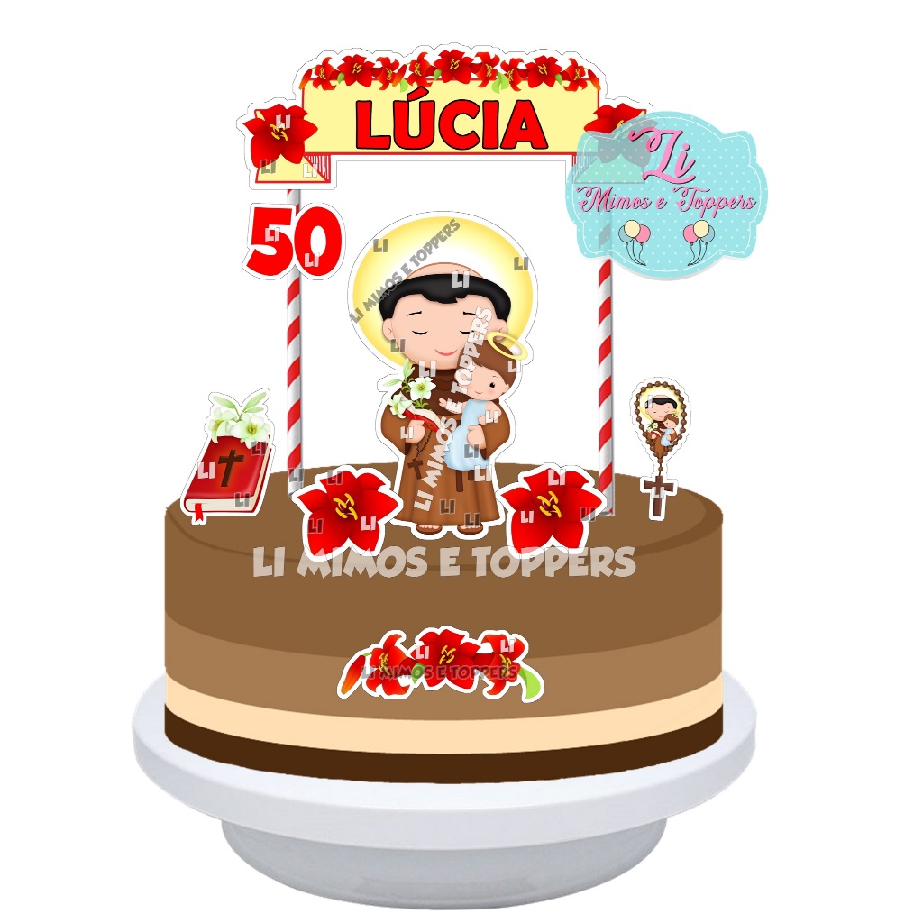 Topper Topo de Bolo Santo Antônio Personalizado - Santo Junino - Festa Junina - Aniversário-Decoração de Bolo - modelo 2