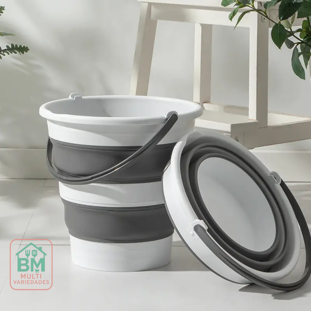 Balde Retrátil de Silicone 10 Litros Dobrável Multiuso Para Lavanderia Com Alça Limpeza Cinza