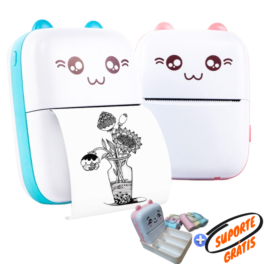 Suporte + Mini Impressora Gatinho Térmica Portátil Bluetooth Com Suporte para Rolinhos de Papel