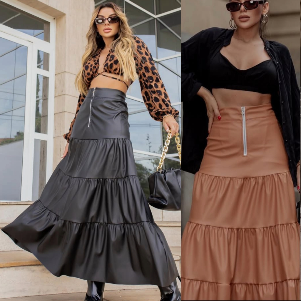 Saia Feminina Couro longa Cintura Alta Moda Evangélica Tendencia em Oferta na Shopee