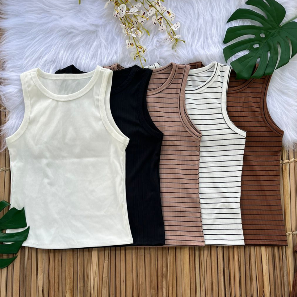 Kit 5 Regata Canelada Feminina Lisa e Listrada Blusa Básica Camiseta Casual