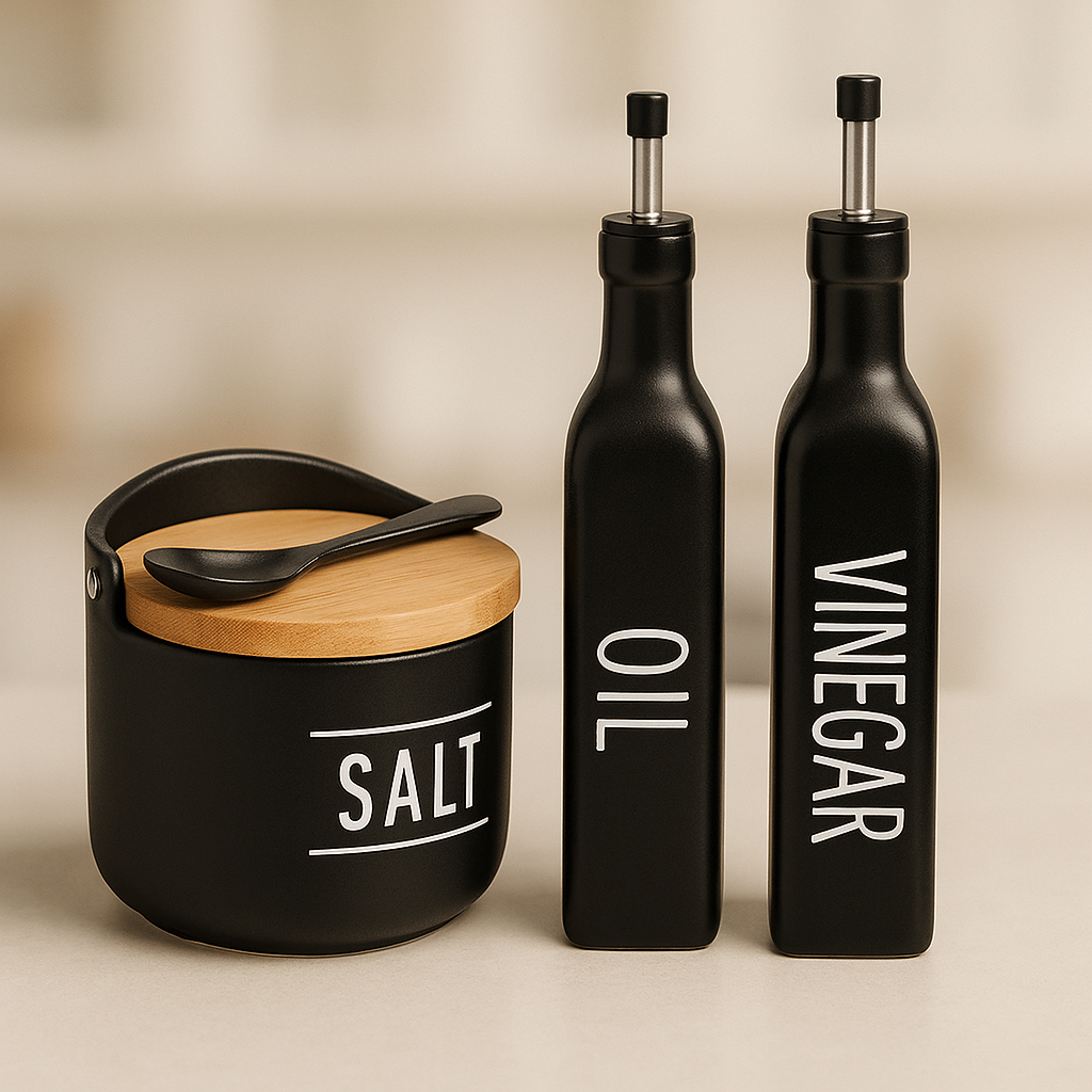 Kit Saleiro Vinagreiro Azeiteiro Preto Vidro Porcelana Black com Dosador Inox Tampa de Bam...
