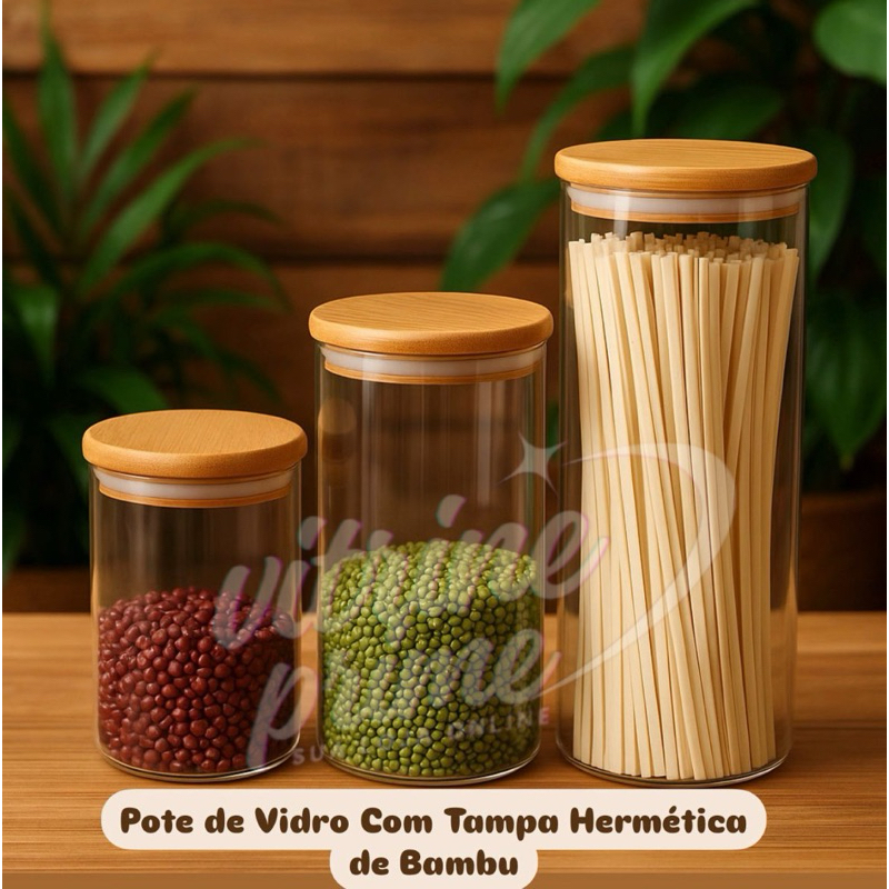 Pote de Vidro Com Tampa Hermética de Bambu 1 Und Tamanhos 500ml/800ml/1000ml//1200ml/1500