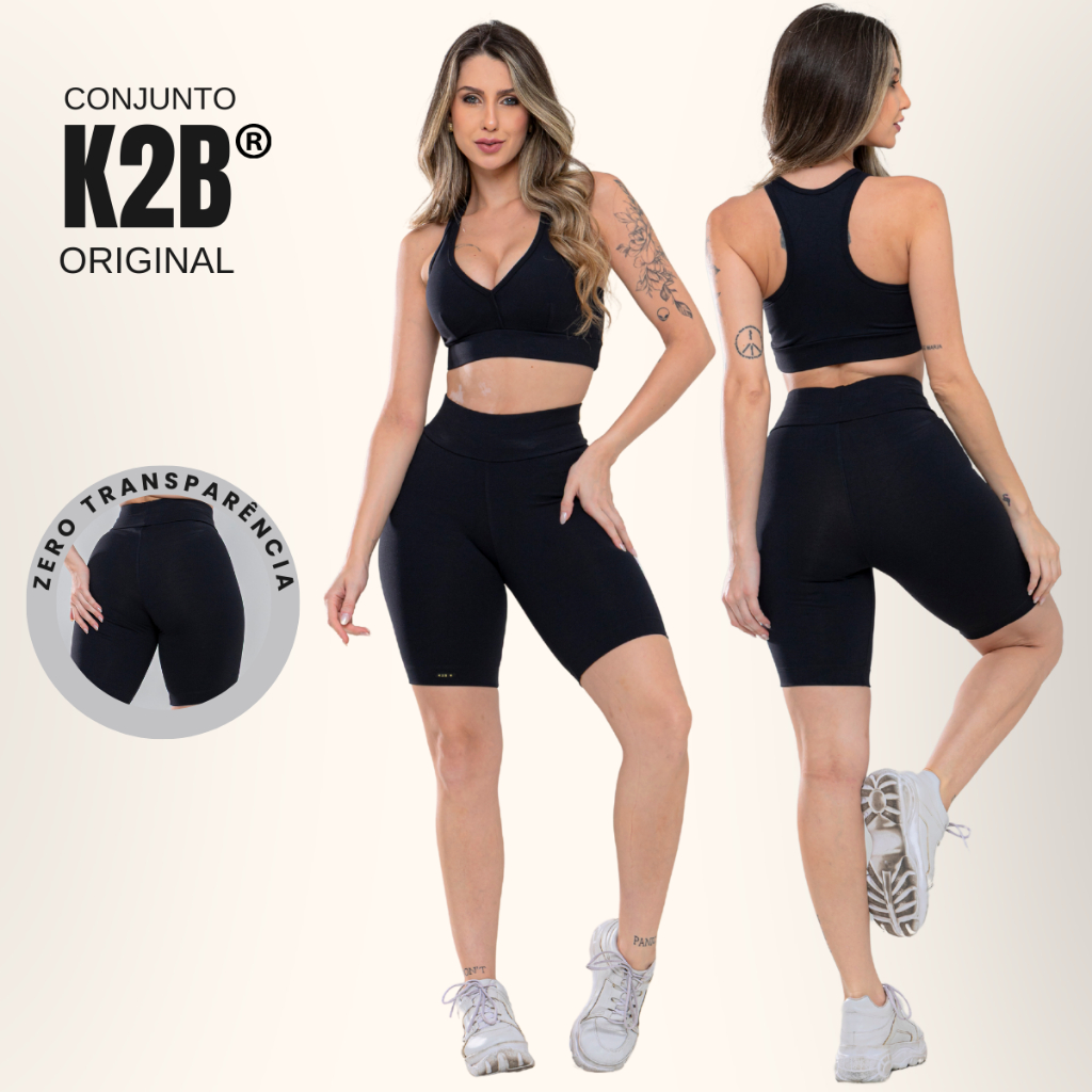 Kit Conjunto Academia K2B Original Top Nadador Alta Sustentação e Shorts Bermuda Ciclista