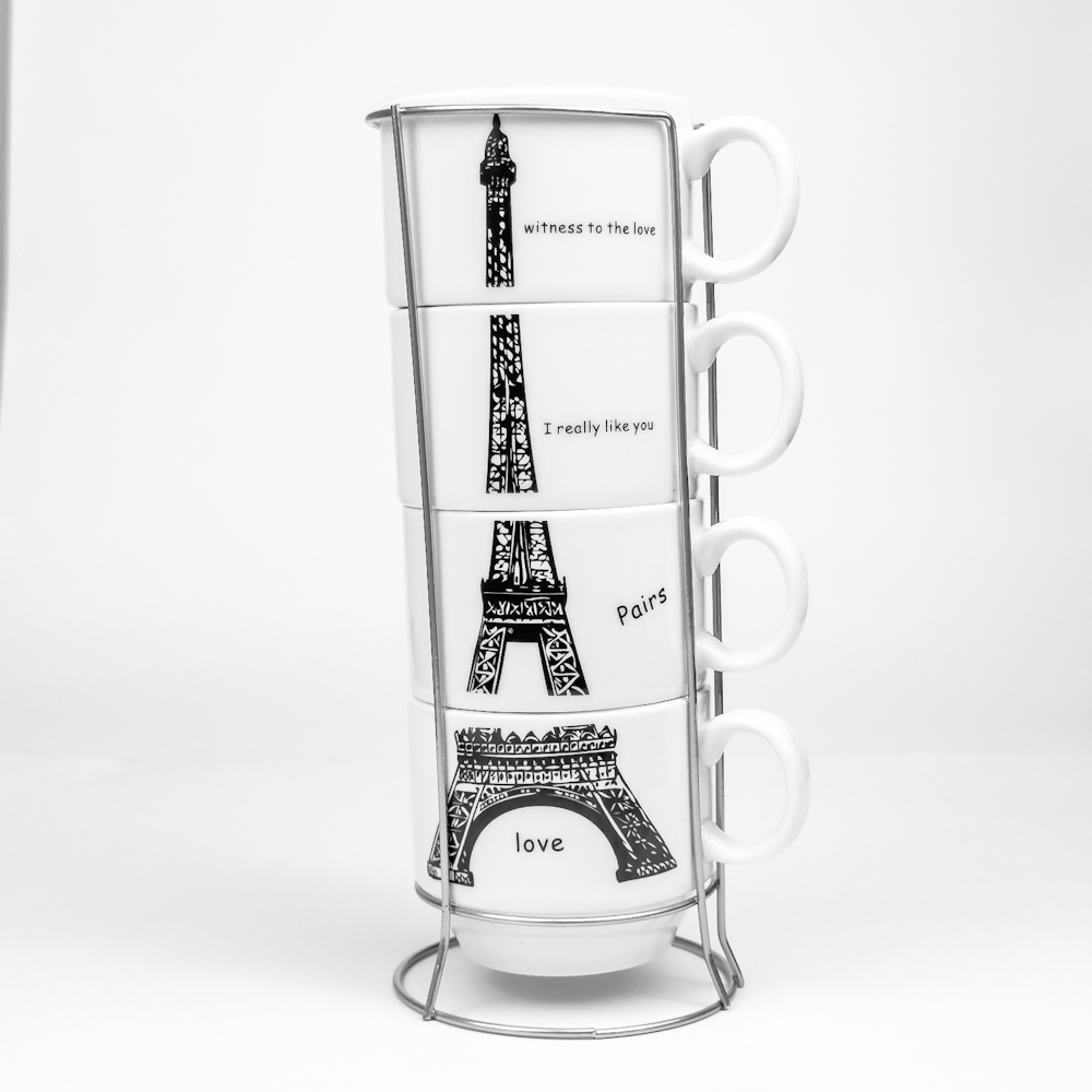 Kit 4 Xícaras Cerâmicas + 1 Suporte Torre de Metal 160ml Café Chá