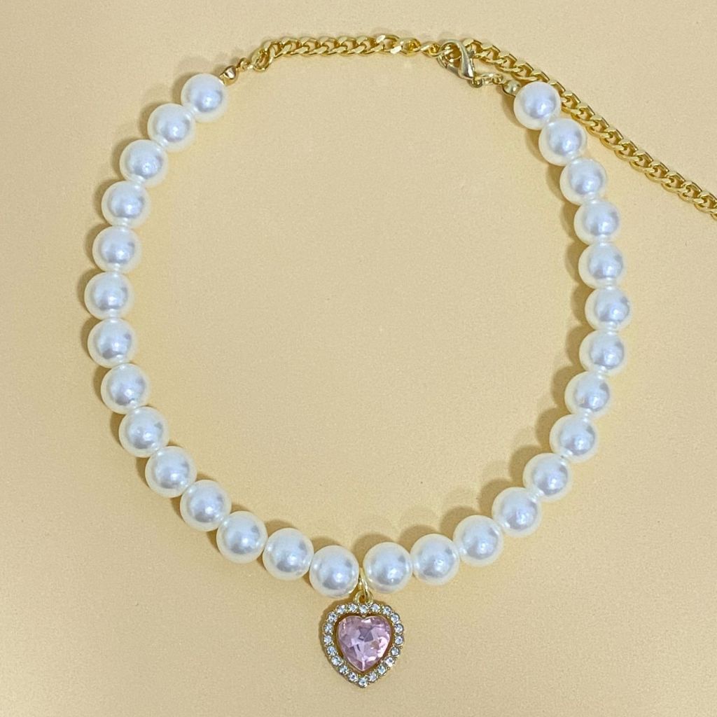 Colar pet gato e cachorro pérola com coração