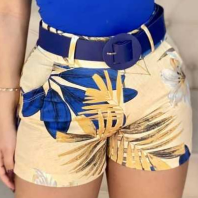 Short Feminino Estampado com Cinto - Dia a Dia Confortável e Elegante em Oferta na Shopee
