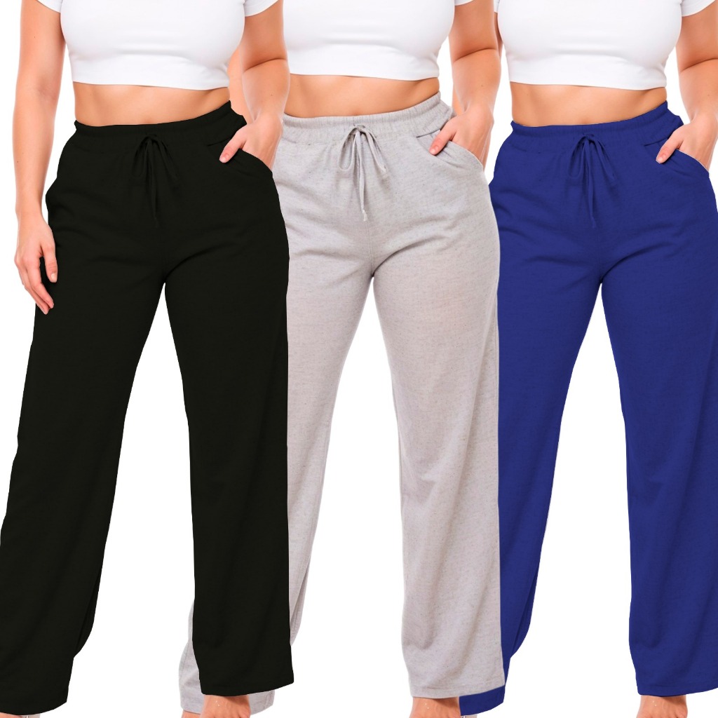 Kit 2 Calças Lanzinha Pantalona Moletinho Feminino Cintura Alta Inverno Com Bolso