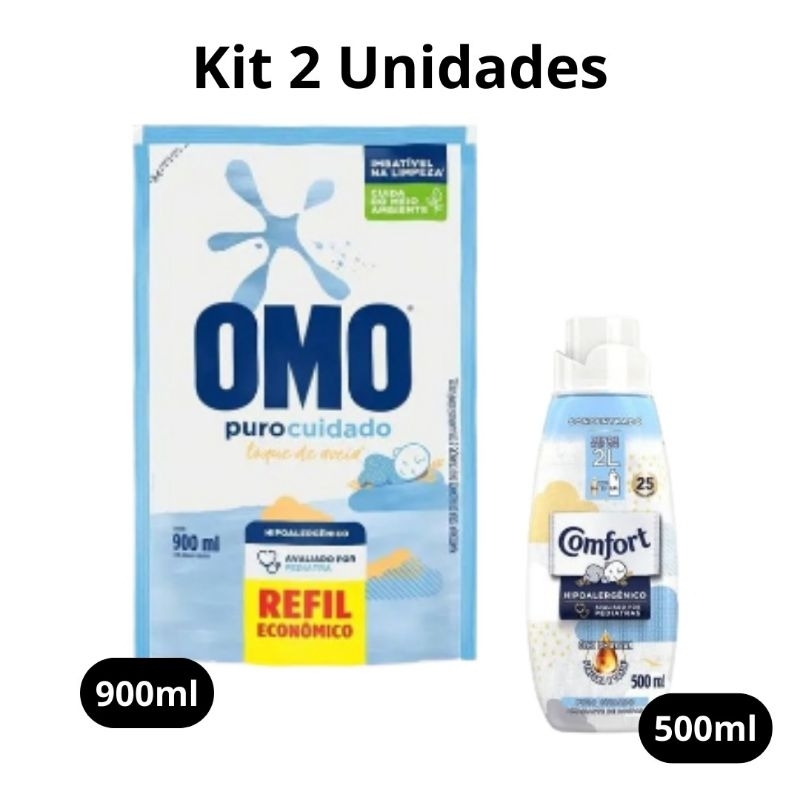 kit Lava Roupas Omo Puro Cuidado sachê 900ml + 1 Amaciante Comfort Puro Cuidado 500ml