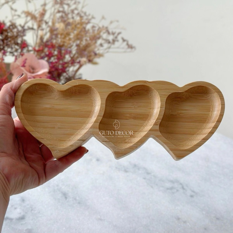 Petisqueira Tripla Coração em Bambu 25,5cm