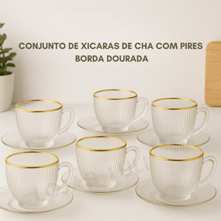 Jogo de Xícaras Chá Com Pires 6 unidades Cameratta Canelado Graffiato 230ml BORDA DOURADA ...