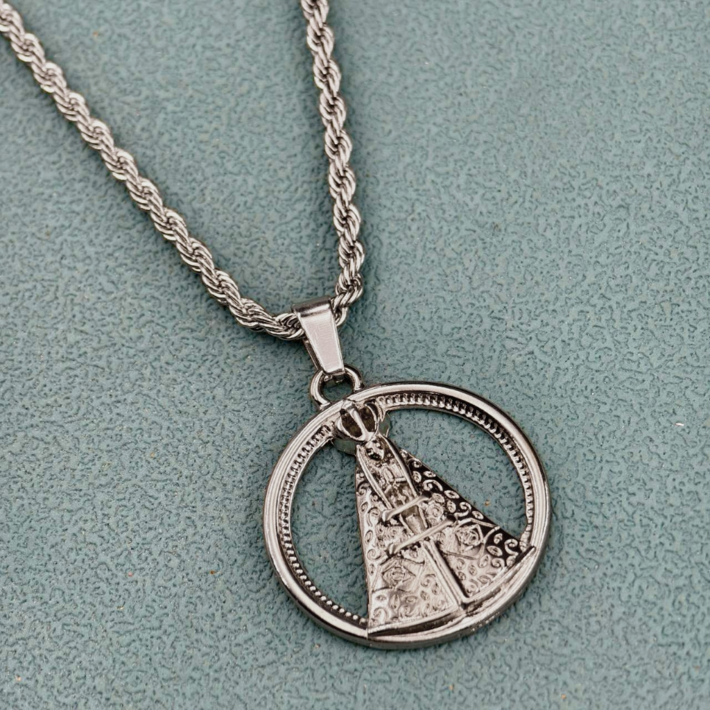 Colar Masculino Corrente feminino colares pingente de Nossa Senhora de Aparecida Prateado em Oferta na Shopee
