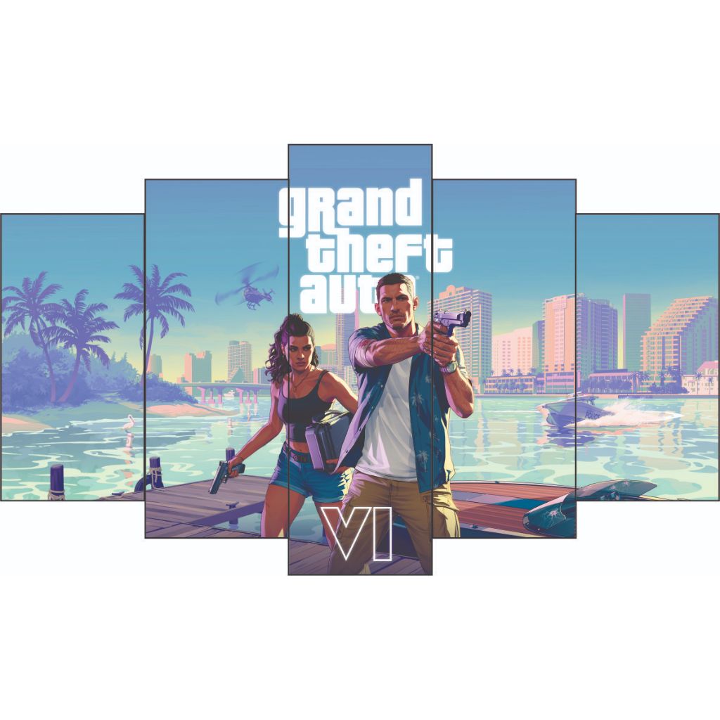 GTA VI - Quadro decorativo Mdf - 80x45 cm  Mosaico - 5 partes - Game - Grand Theft Auto