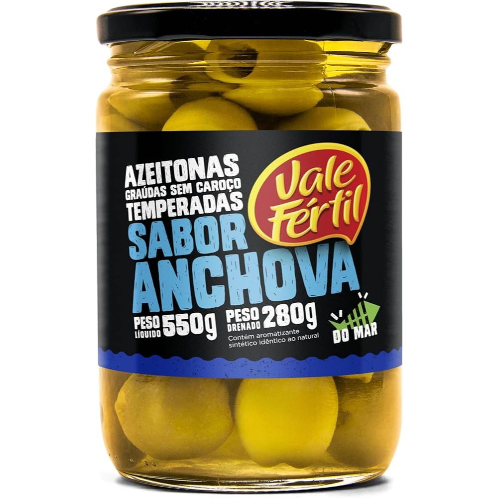 Azeitona Verde Em Conserva Graúda Sem Caroço Sabor Anchova Vale Fértil Vidro 550G