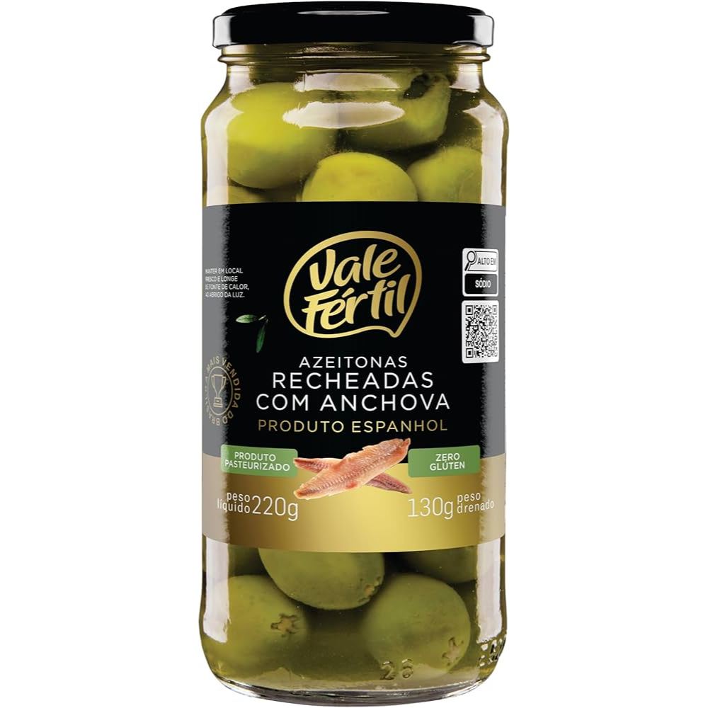 Azeitona Verde Em Conserva Recheada com Anchova Vidro 130g Vale Fértil
