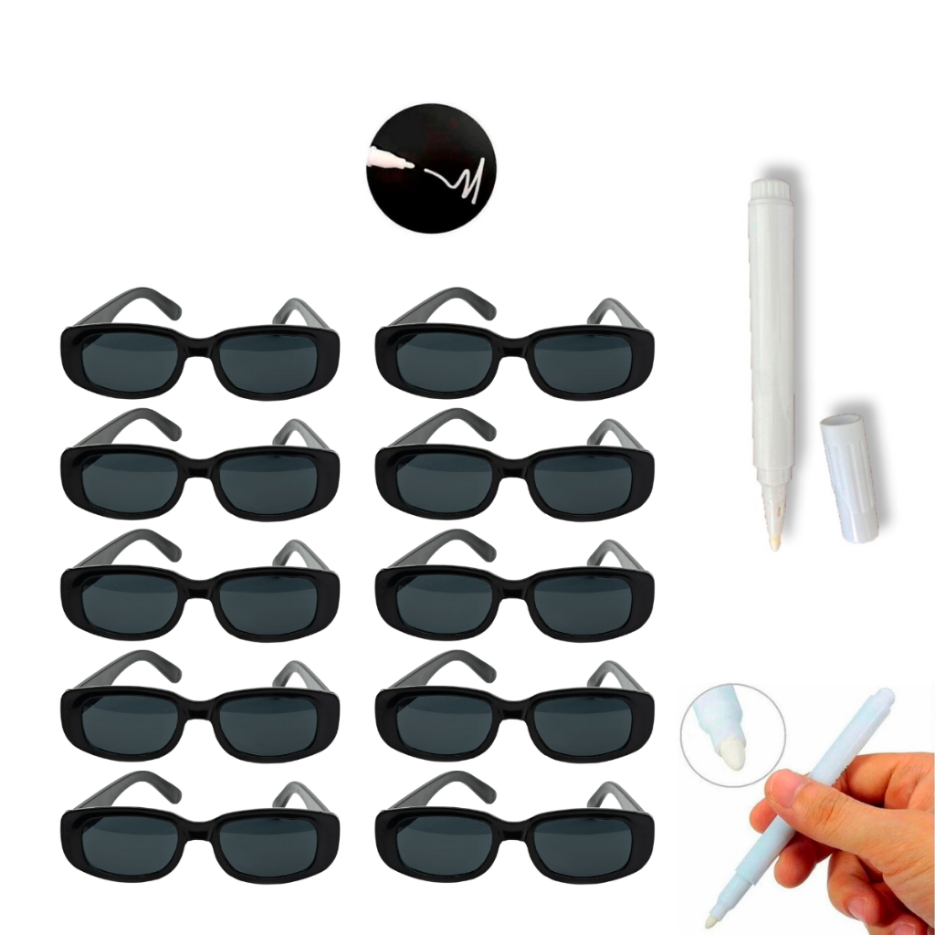 Kit 10 Óculos Escuro MADU Vintage Retrô Preto Liso + Caneta Giz Para Festa Casamento Formatura Balada