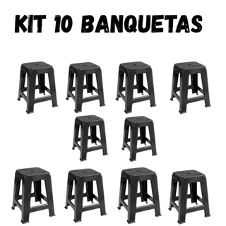 Kit 10 Banquetas Plásticas Pretas Reforçadas Empilháveis Suporta até 110kg em Oferta na Shopee