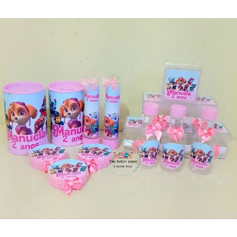 kit com 50 lembrancinha da Patrulha Canina Rosa Skye Everest, tubete, caixinha, garrafinha e cofrinho