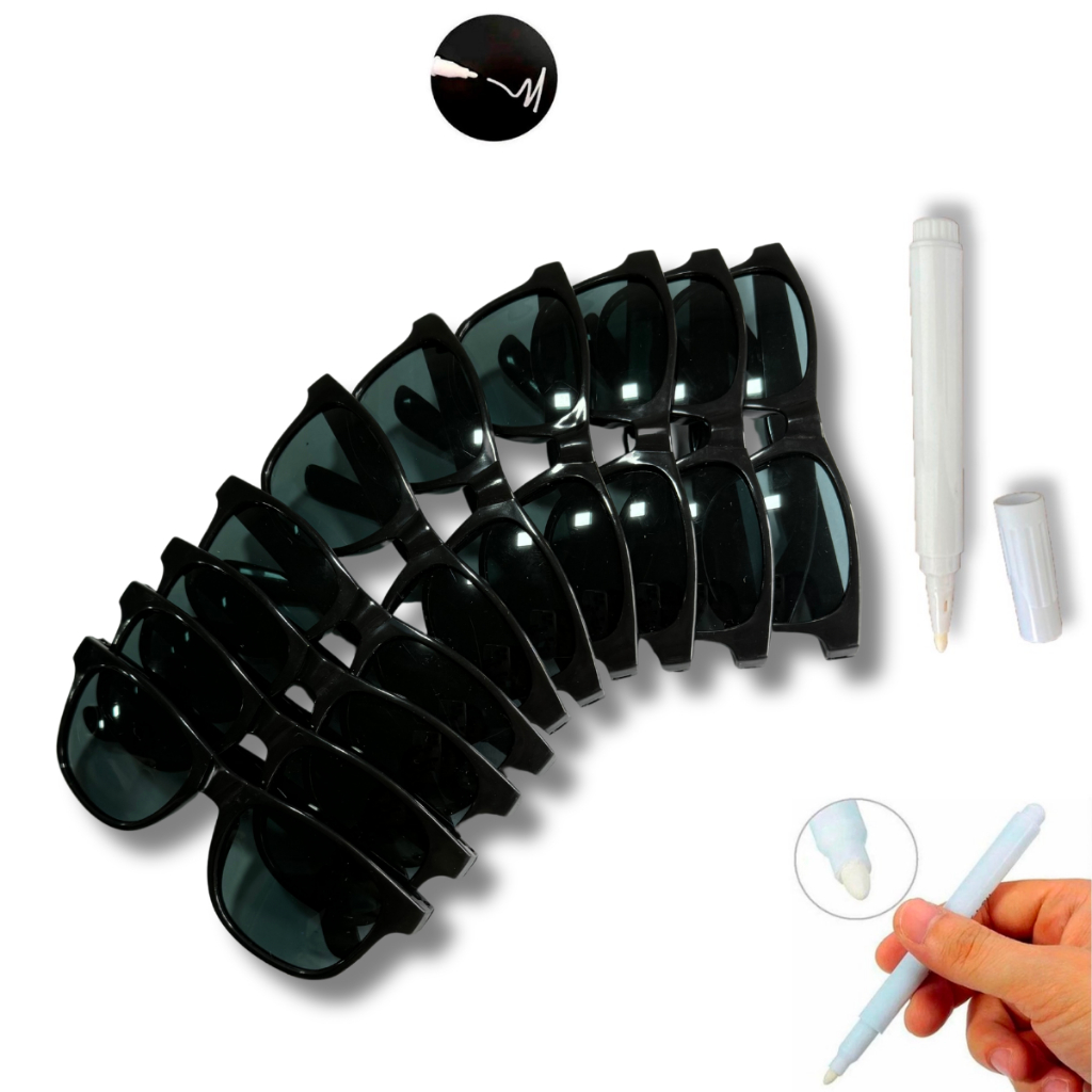 Kit 10 Óculos Escuro MADU Classico Quadrado Preto Liso + Caneta Giz Para Festa Casamento Formatura Balada