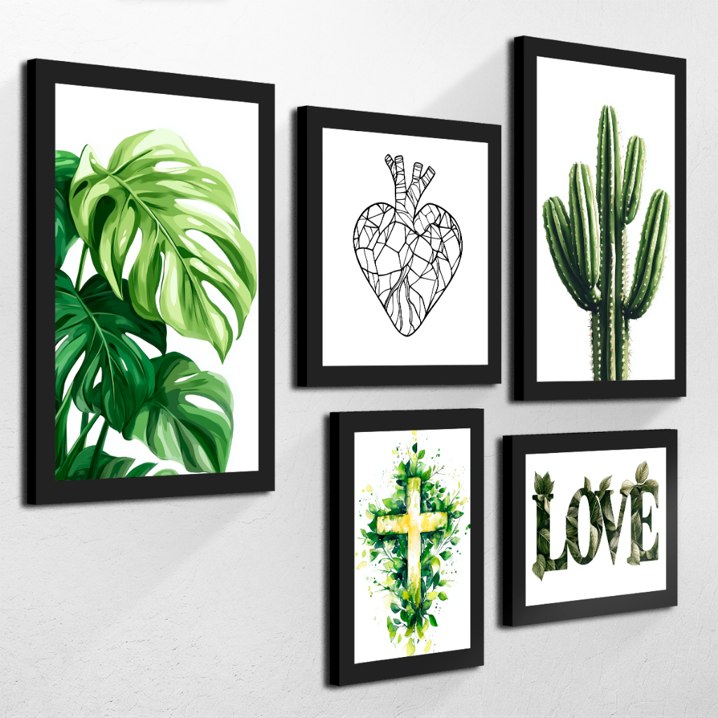Kit de 5 Quadros Decorativos Cacto Planta Love Verde Para Sala Quarto Cozinha Escritório Jardim