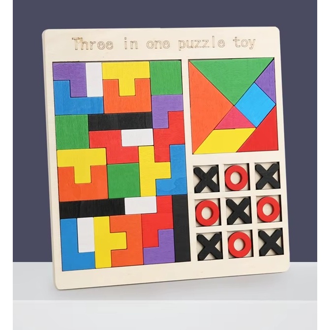 Tabuleiro Educativo 3 em 1 Tangram Tetris Jogo da Velha Puzzle Toy Infantil Jogo Didático
