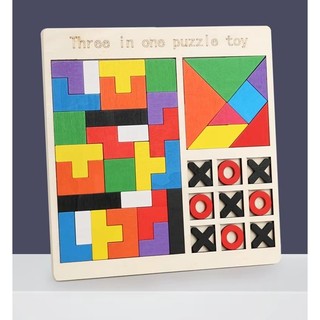 Tabuleiro Educativo 3 em 1 Tangram Tetris Jogo da Velha Puzzle Toy Infantil Jogo Didático