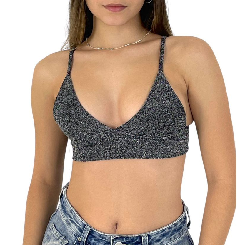 Top Cropped Feminino Alça Fina Lurex Brilhoso Decotado Duplo Carioca