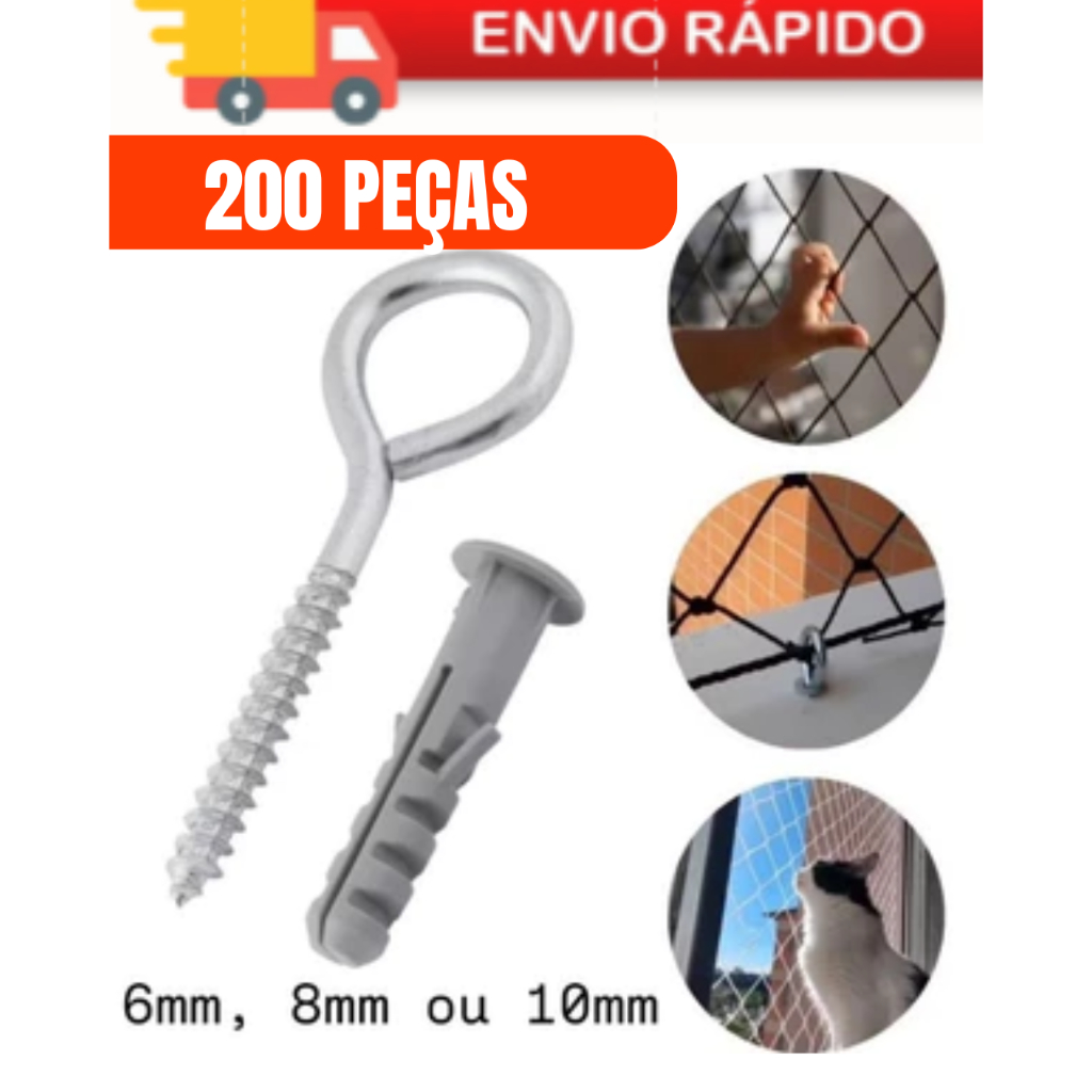 Kit  Gancho Fechado PITÃO e Bucha para Fixação  de 6, 8 e 10 mm- 200 peças ( P/ Tela de proteção)