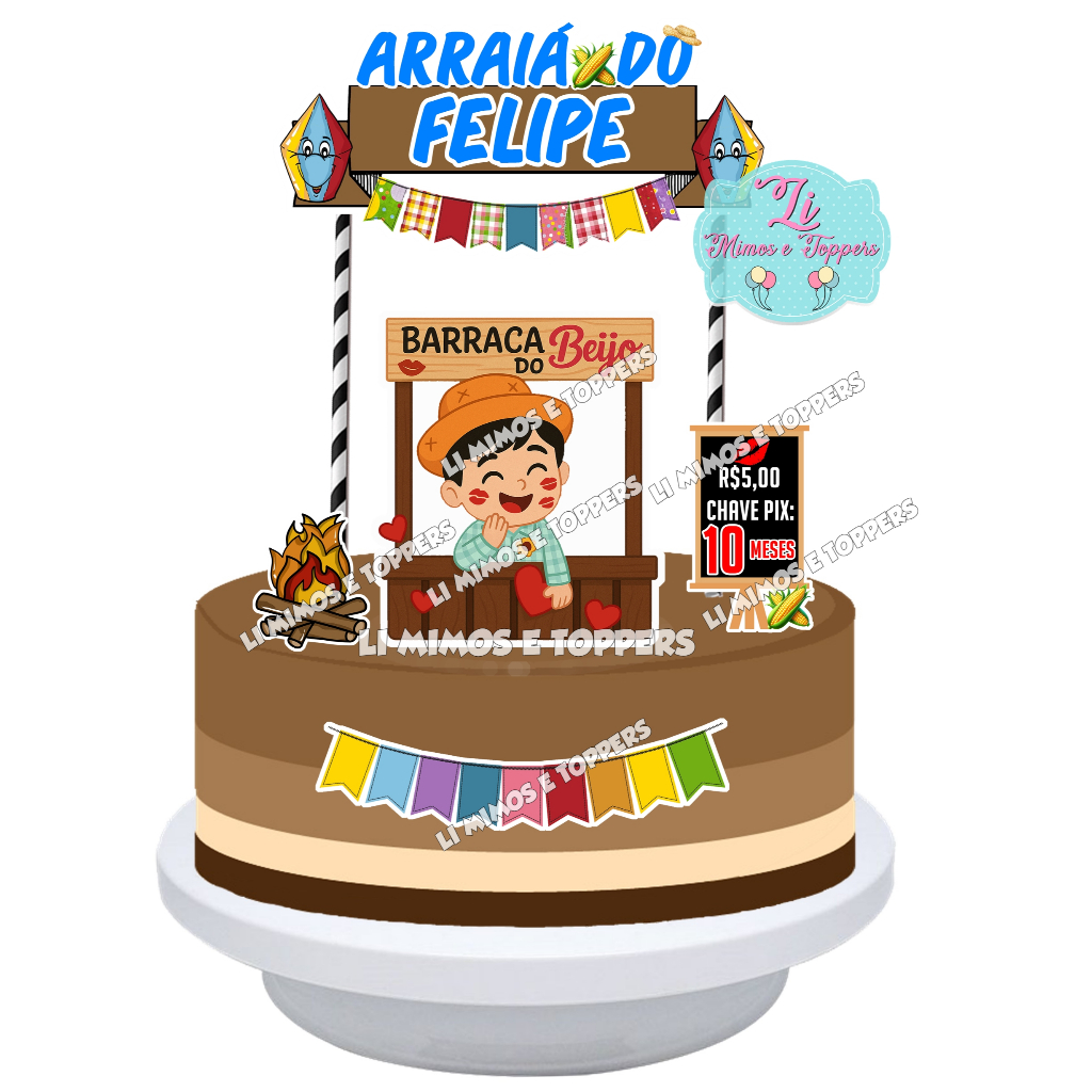 Topper Topo de Bolo Mesversário Festa Junina Julina Menino Personalizado - Arraiá - Barraca do Beijo - Decoração de Bolo