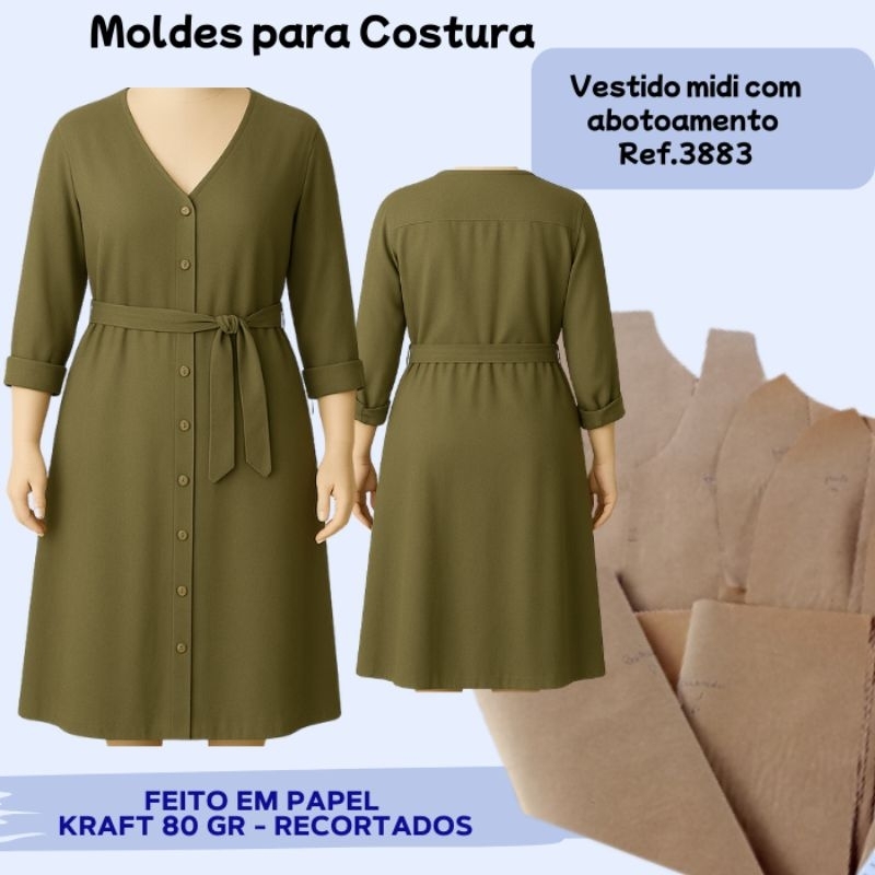 Molde costura Vestido Midi com amarração pronto pra uso 3883 em Oferta na Shopee