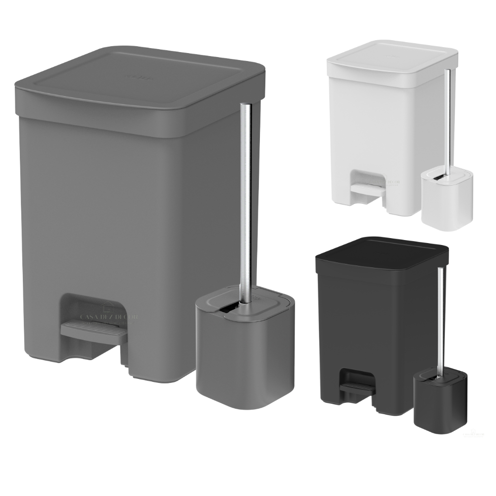 Kit Lixeira com Pedal Lixo 6 Litros + Escova Sanitária com Cabo Alumínio Limpeza Ou Trium Banheiro - Home & Living