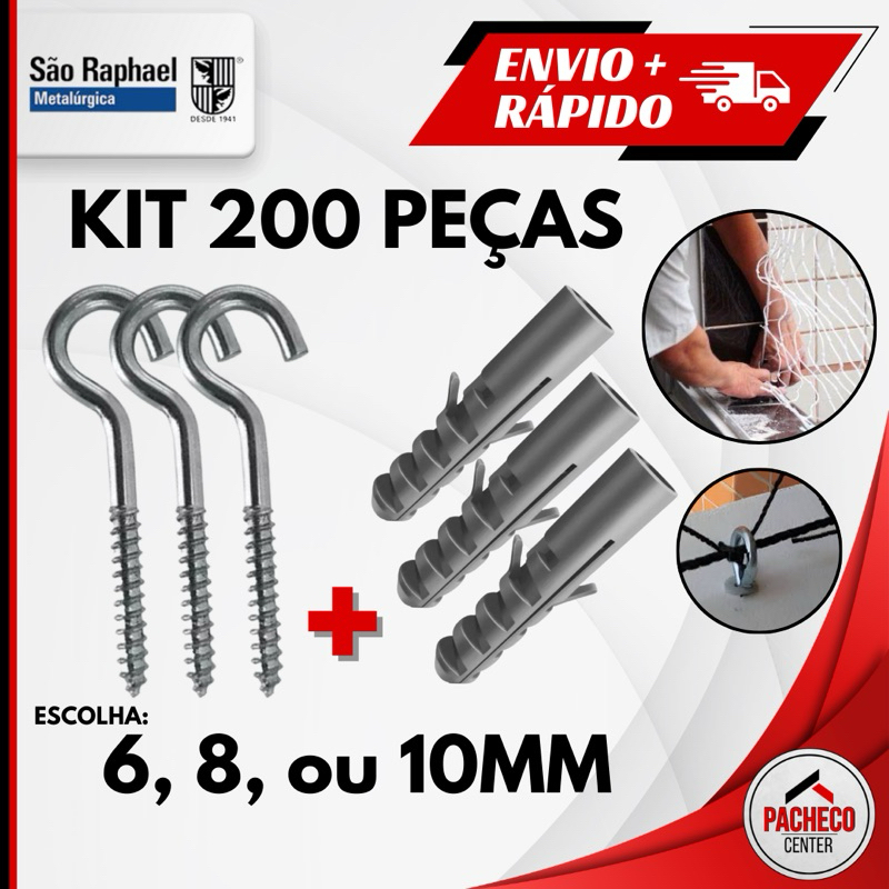 Kit de Gancho e Bucha para Fixação de 6, 8 ou 10 mm - 200 Peças - São Raphael
