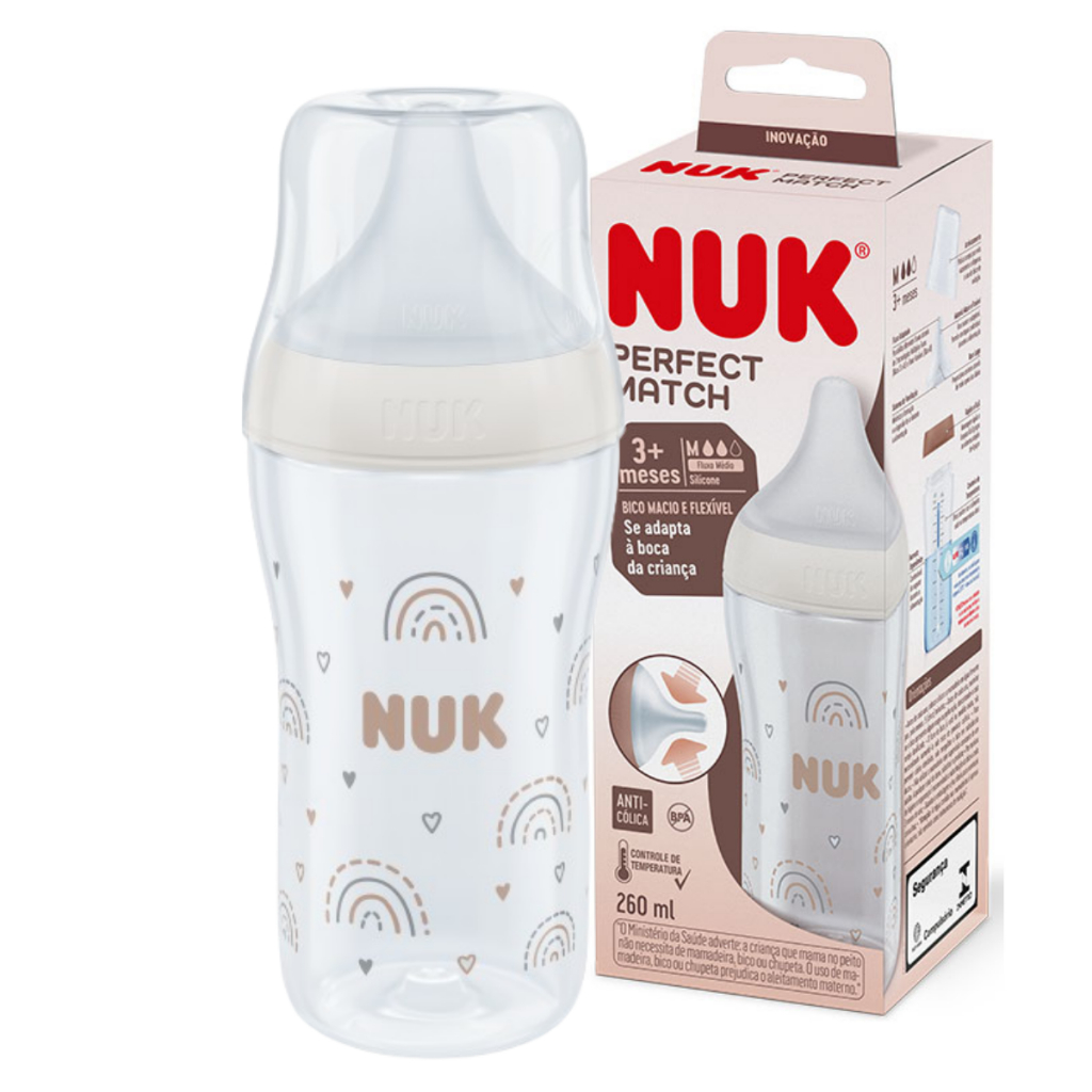 Mamadeira Nuk Anticolica Perfect Match Controle de Temperatura Bico Silicone Macio +3m Fluxo Médio