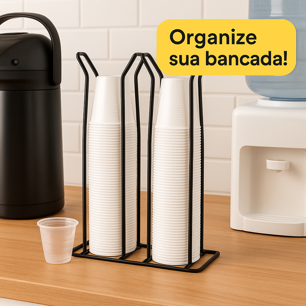 Suporte Duplo para Copos Descartáveis 80 a 200ml Aramado Preto - Organizador de Copos