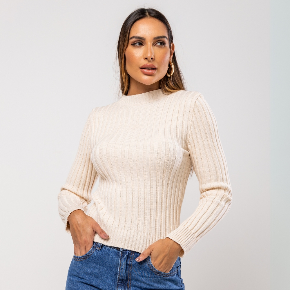 Blusa Canelada Feminina Manga Longa em Tricô