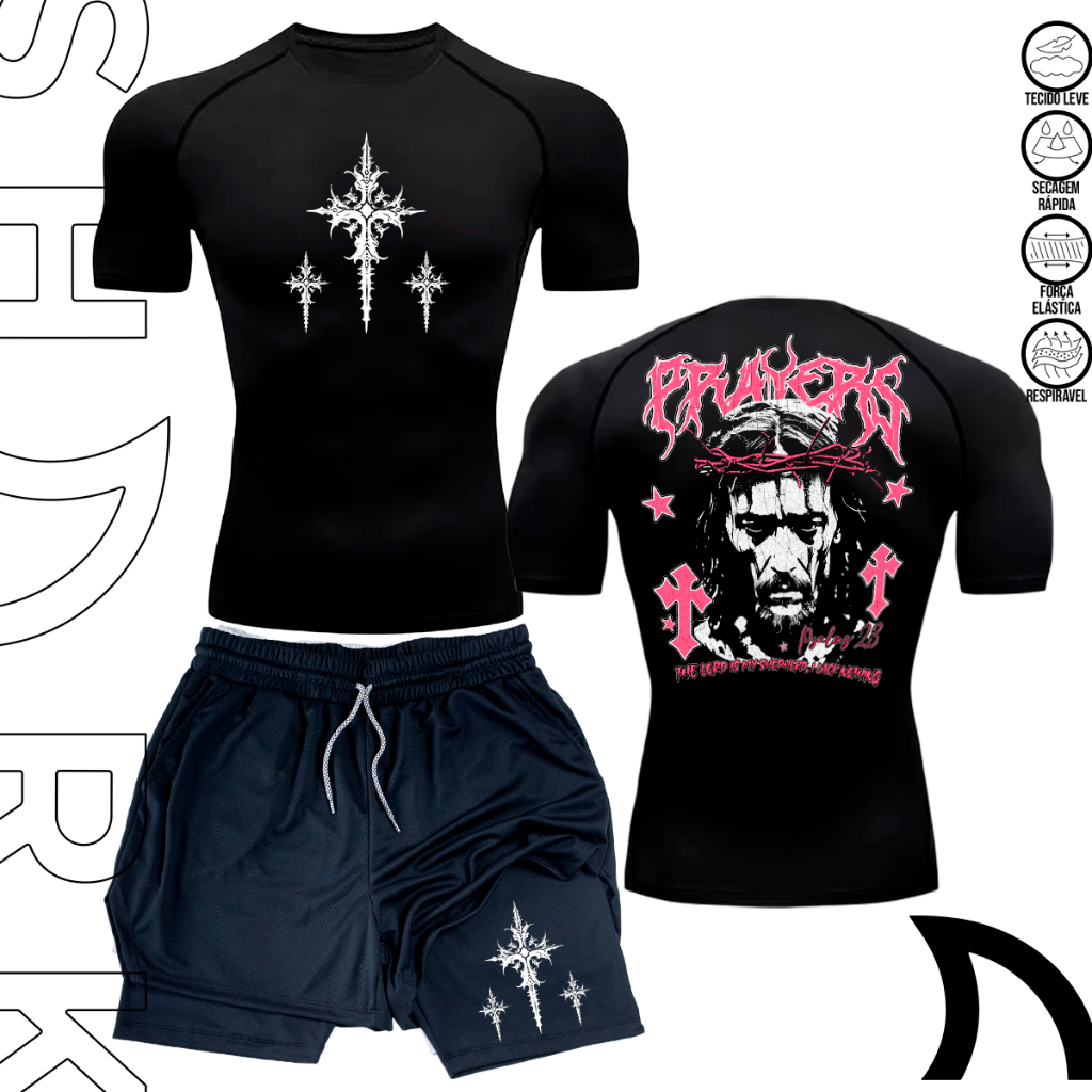 Kit Camiseta Compressao E Short 2 Em 1 Masculino Academia Treino Maromba Esportivo Gym Jesus Cruz