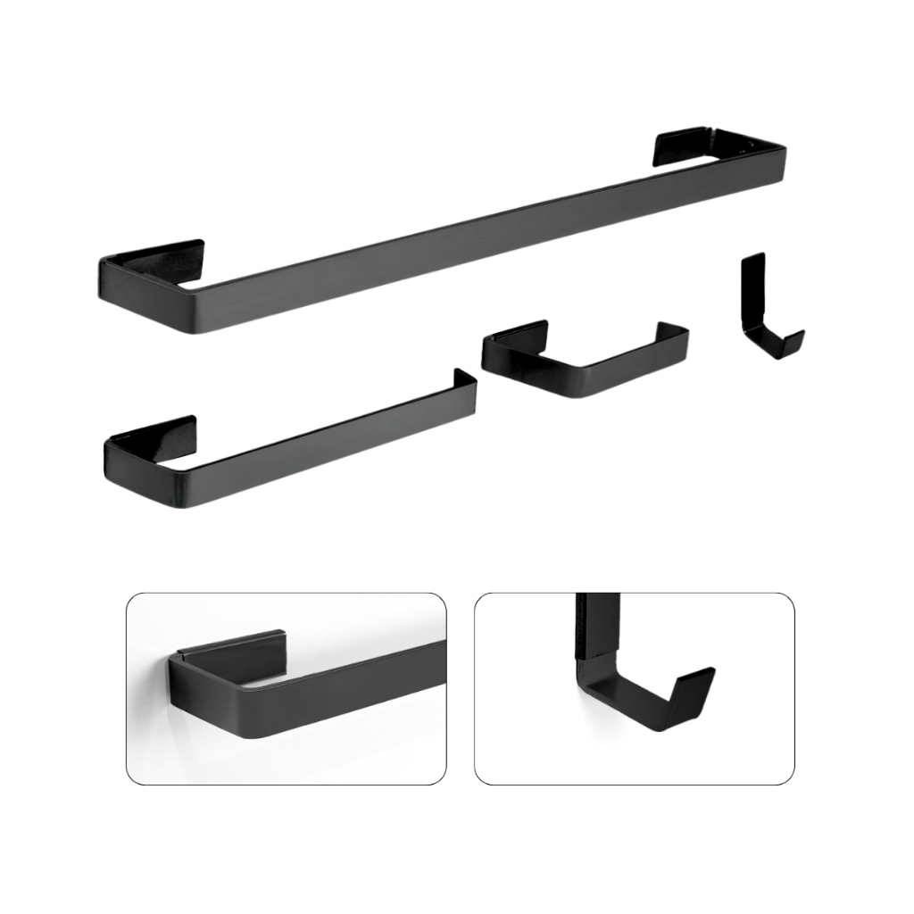 Kit de Acessórios para Banheiro Quadrado Preto Fosco Luxo S/S - 4 Peças