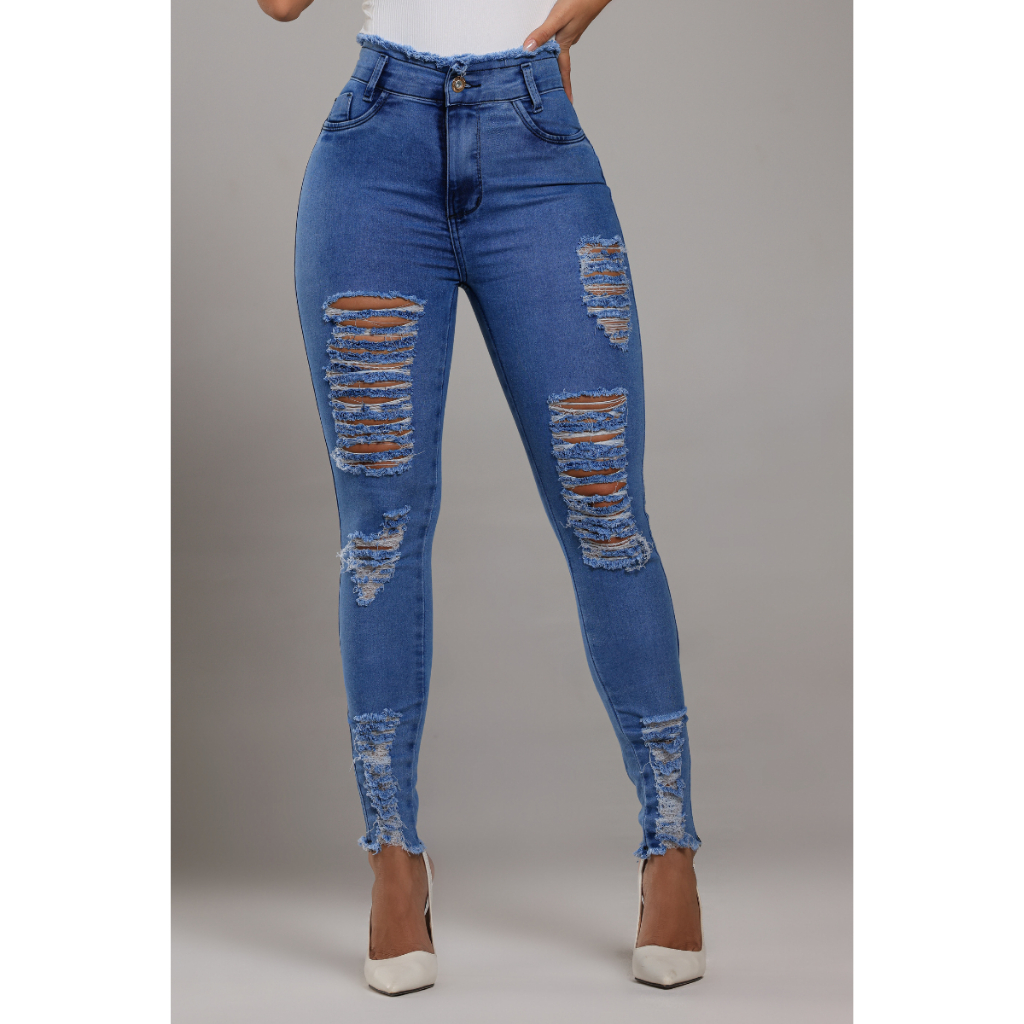Calça Jeans Feminina Modeladora Skinny Empina Bumbum Com Elastano Cintura Alta Premium Rasgada em Oferta na Shopee