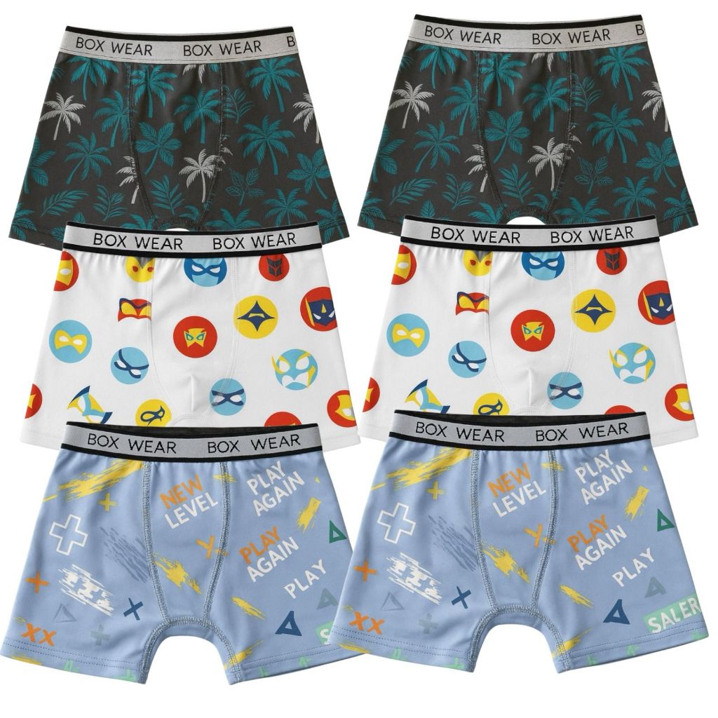Kit 6 Cueca Boxer Box Infantil Microfibra Sem Costura Estampada Confortável