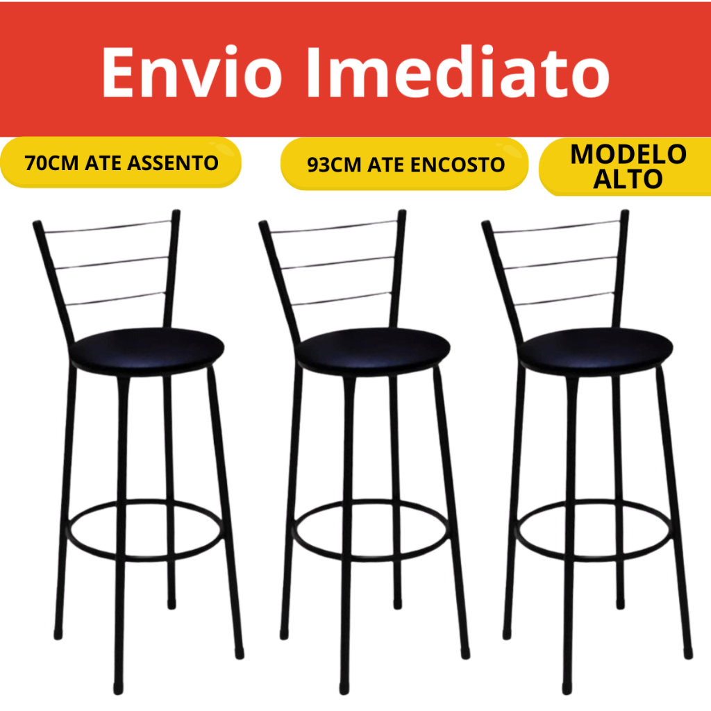 Banquetas Alta Kit 3 Balcão Bancada Com Encosto Alto Beleza Para Sua Casa Apartamento Área De Lazer