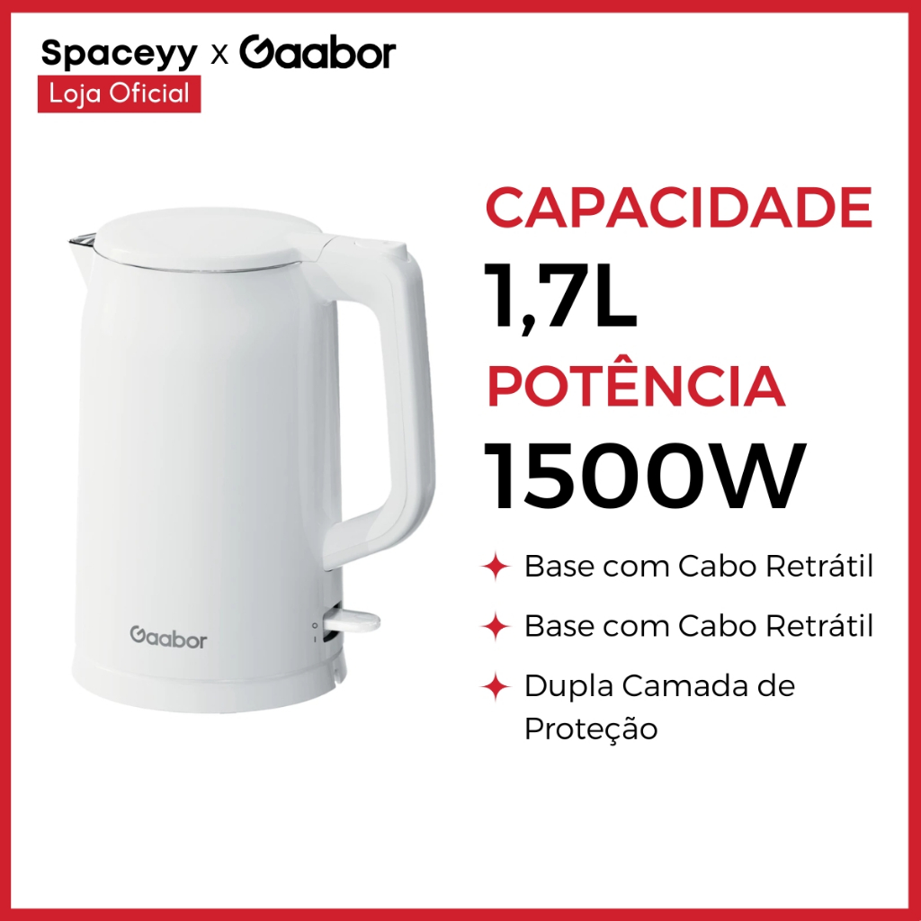 Chaleira Elétrica 1,7l Gaabor 1500W Aço Inox com Filtro Coador 127V/220V