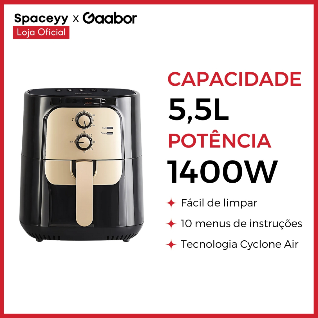 Fritadeira Elétrica Sem Óleo Air Fryer 5.5L Gaabor Jumbo Family 1400w 127V/220V Vintage