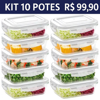 Kit 10 Pote Hermético de Vidro 340ml Marmita Fit Tampa 4 Travas Freezer Microondas Geladei...