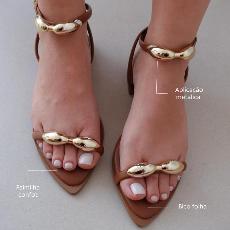 sandália bico folha rasteirinha salto 2,5 cm marrom moda feminina