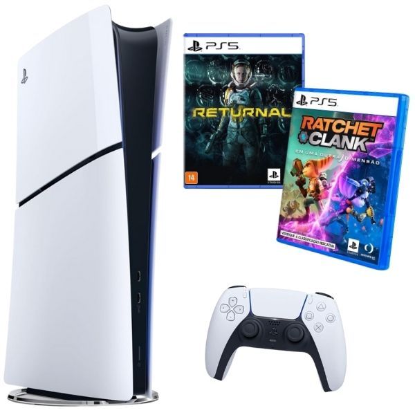 PlayStation 5 Midia Digital Slim 1TB Com Returnal Ratchet e Clank Controle Sem Fio Dualsense Branco